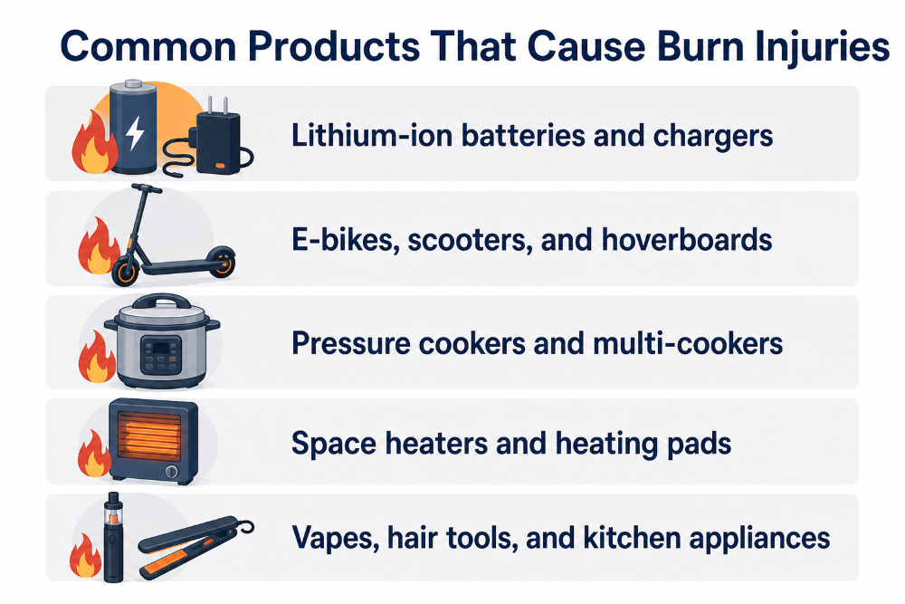 Infographic listing common products that cause burn injuries, from lithium-ion batteries to space heaters.