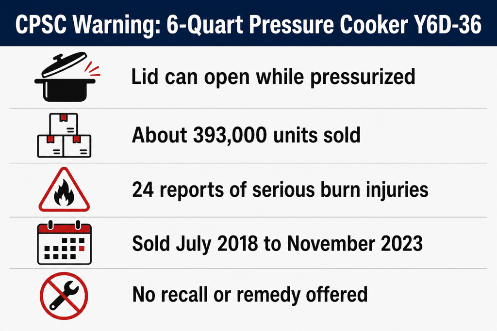 CPSC Warning Facts for Model Y6D-36 Pressure Cookers