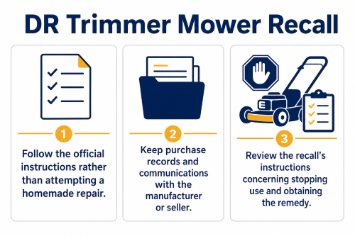 A DR Trimmer Mower Recall checklist covers official instructions, purchase records, stopping use, and the remedy.