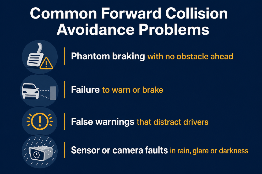 Infographic of common Chevrolet Equinox collision avoidance problems, including phantom braking and sensor faults.