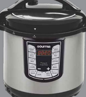 Digital pressure cooker venting steam on a kitchen counter, the type linked to Gourmia pressure cooker burn claims.