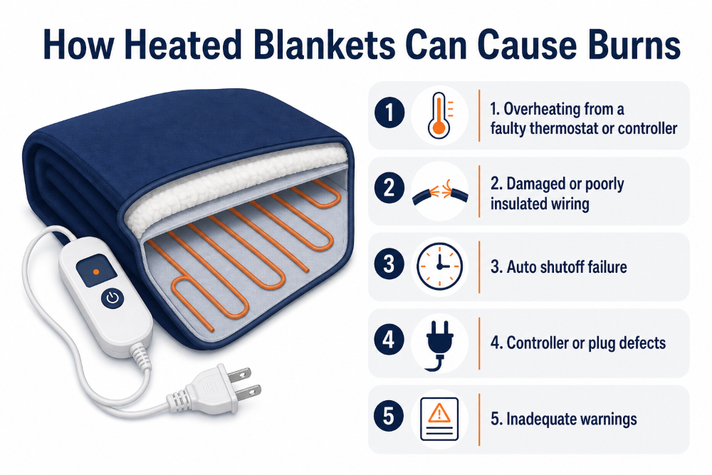 Infographic of common defects, like overheating and faulty wiring, that may lead to burns in the JKMAX heated blanket recall.