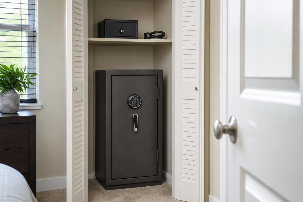 Locked gun safe in a home closet, a storage issue a Hillsborough County accidental shooting lawyer may review.