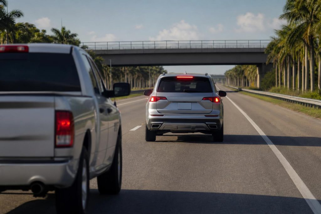 SUV braking suddenly on an open Florida highway, showing the rear-end risk of Honda CR-V phantom braking.