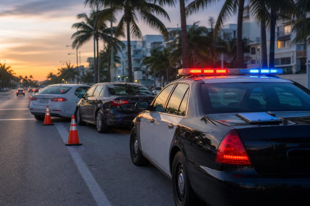 Police car at a Miami crash scene where officers gather details for an accident police report.