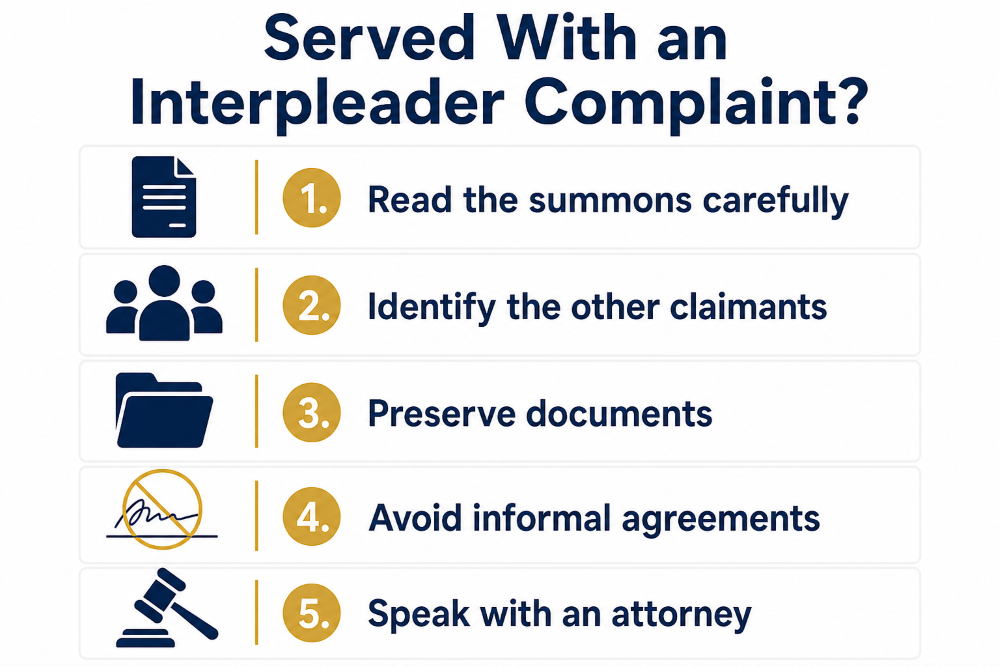 Checklist of five steps to take after being served, from a Palm Beach interpleader lawyer
