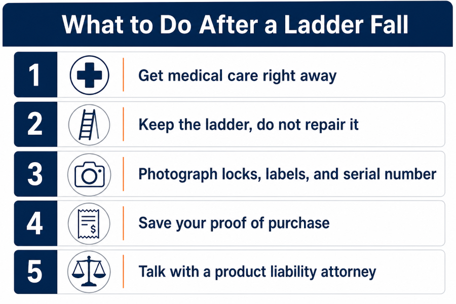 Checklist of steps to take after a ladder fall for anyone considering a Werner Multi-Max Pro ladder lawsuit.