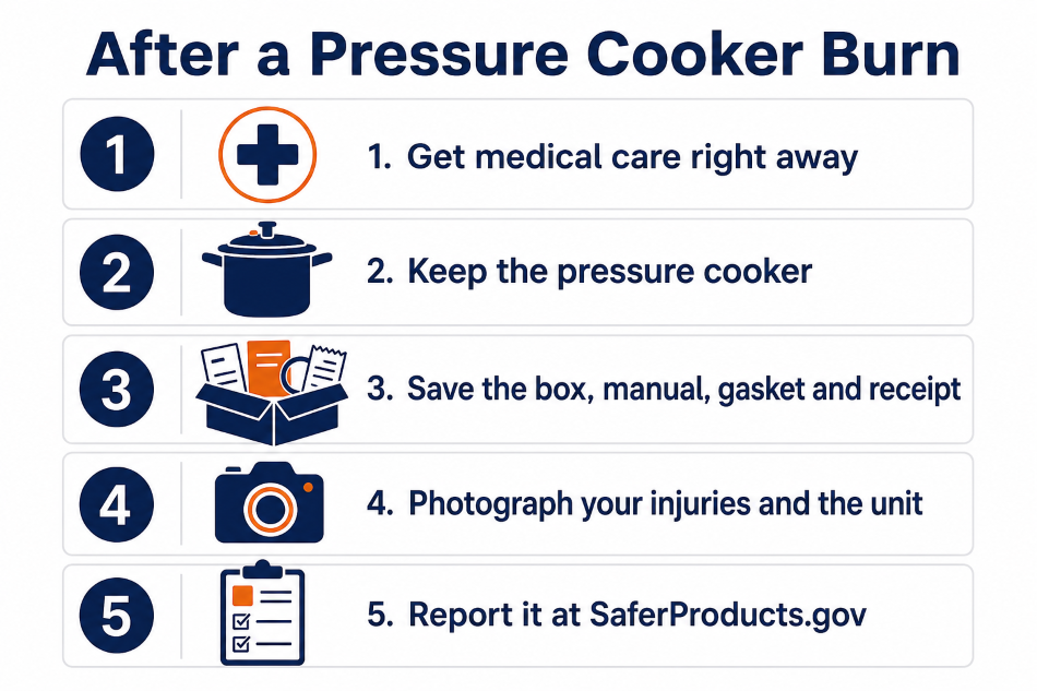 Checklist of five steps to take if you were hurt by a pressure cooker, from medical care to reporting the incident.