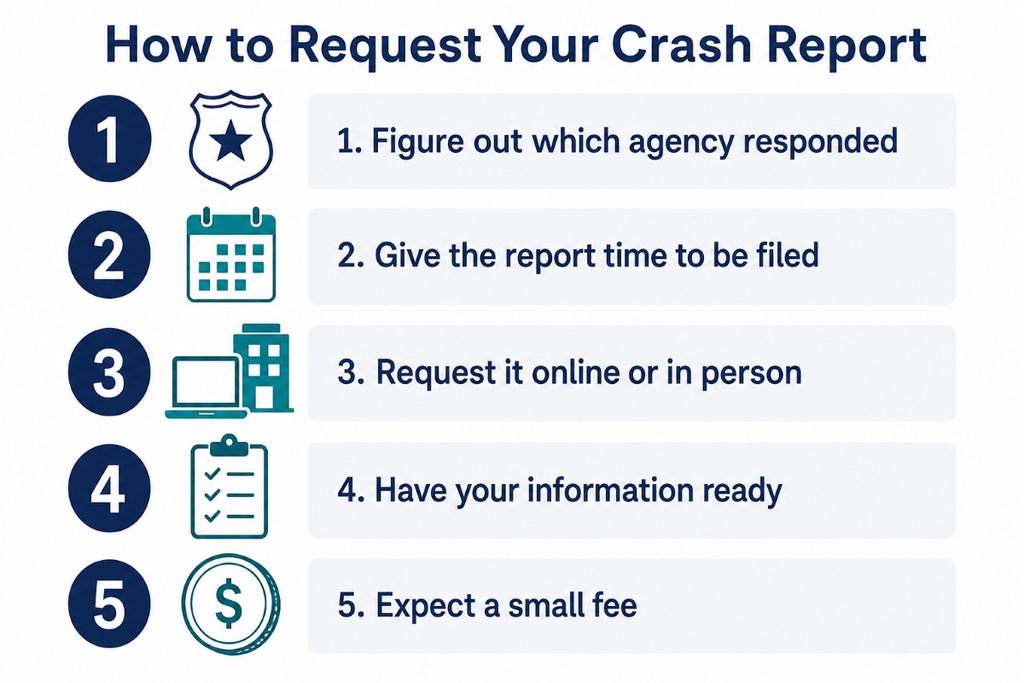 Infographic showing five steps to request a Miami accident police report online or in person.