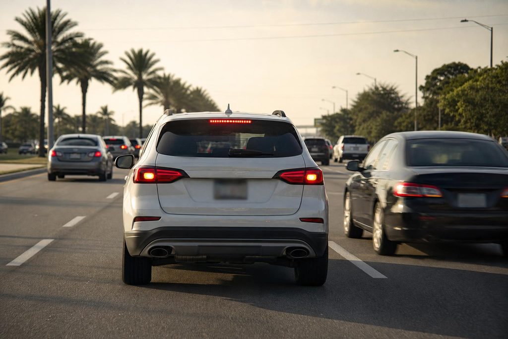 SUV braking suddenly on a Florida highway, showing how a Chevrolet Equinox collision avoidance fault can cause a crash.