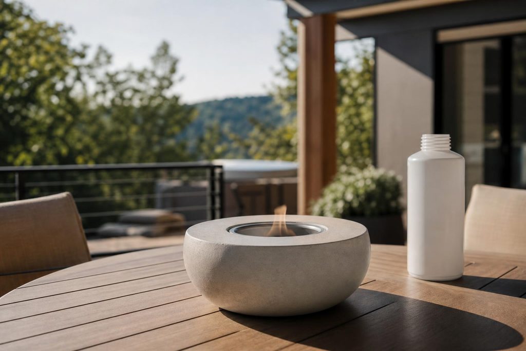 Tabletop fire pit with a nearly invisible flame on a patio table, the type of product in an Amazon fire pit burn lawsuit.