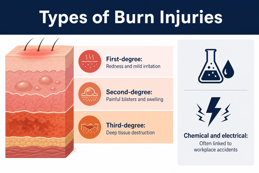 Chart of first, second, and third-degree burns explained by Jacksonville burn injury lawyers.