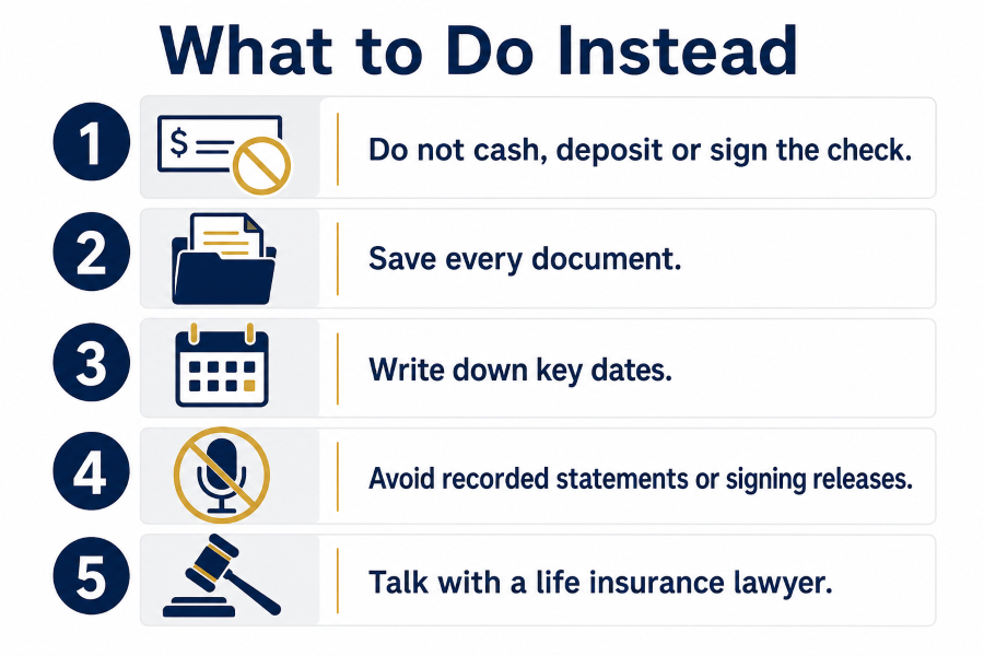 Checklist of five steps to take instead of cashing a life insurance refund check after a policy rescission.